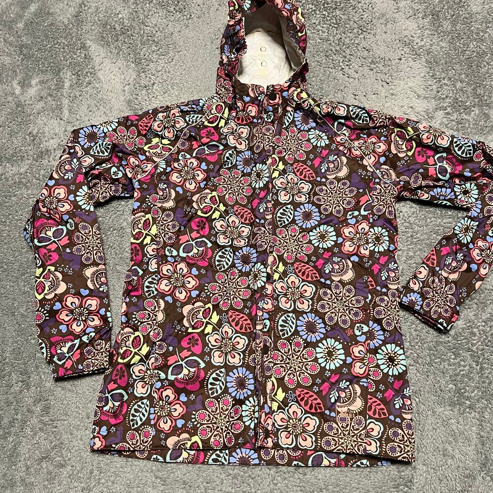 REI Rain Jacket Kids Youth Girls Large 14-16 Pink Brown Floral Nylon Hooded